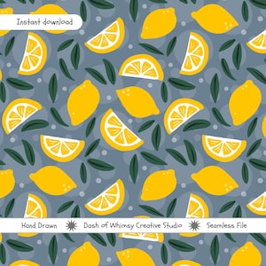 Motif transparent citron - bleu ardoise | Modèle de tissu à téléchargement numérique | Conception de motifs de surface | Imprimé citrons et agrumes