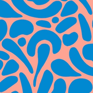 May include: Seamless pattern featuring blue organic shapes on a peach background. The design includes various sizes and shapes, creating a dynamic and visually appealing abstract pattern. Perfect for fabric or wallpaper.