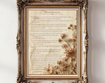 Stampa artistica da parete con poesia Desiderata (download digitale) / Stampa tipografica floreale vintage / Poster con citazione motivazionale