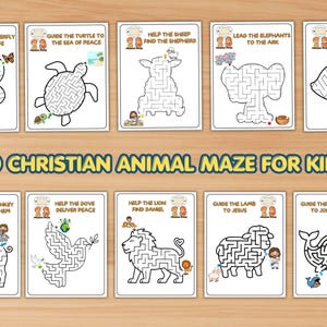 May include: A set of ten Christian animal maze puzzles for children. Each maze features a different animal, including a butterfly, turtle, and elephant, with related text. The mazes are printed on white cards with black outlines and text.