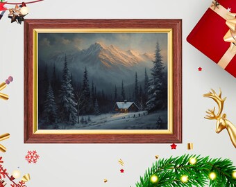 Tableau Déco Sur Toile - Forêt Enneigée Hivernale Avec Cabane Rouge - Ambiance Cozy - Neuf