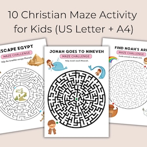 May include: Three white activity sheets with black mazes and colourful illustrations. The sheets feature the titles "Escape Egypt," "Jonah Goes to Nineveh," and "Find Noah's Ark." Text at the top reads "10 Christian Maze Activity for Kids (US Letter + A4)."