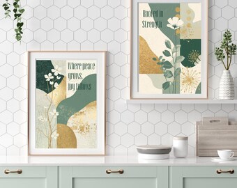 May include: Two framed art prints with botanical and abstract designs. One print features the text "Where peace grows, joy follows" and the other reads "Rooted in Strength." The color palette includes green, gold, and cream.