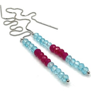 Blue Quartz Threaders with Red Rubies, Long Bar Earrings, Sterling Silver, Minimalist Gemstone Jewelry, Uk Gift for Her, Made in Italy