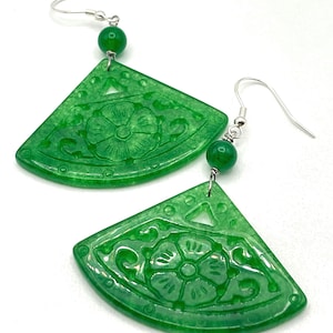 Groene gesneden jade oorbellen, Italiaans sterlingzilver, waaierhangers, oosterse edelsteensieraden, Brits kerstcadeau voor vrouwen, gemaakt in Italië
