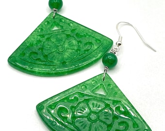 Green Carved Jade Earrings, Italian Sterling Silver, Fan Dangles, Oriental Gemstone Jewelry, Uk Christmas Gift for Women, Made in Italy