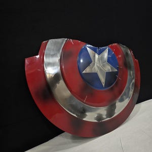 May include: A red, white, and blue shield with a silver star in the center. The shield has a circular design with a silver band and a blue circle in the middle. The shield has a distressed look.