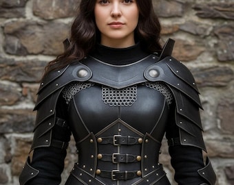 Lady Black Medieval Armor – Gothic Steel Cuirass, Chainmail, Pauldrons – Fantasy LARP Costume