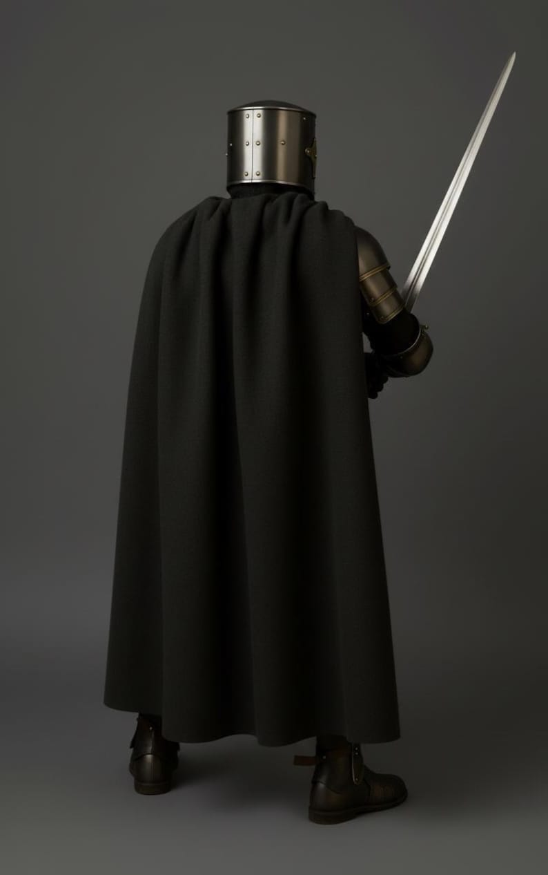 May include: A person in medieval armor, holding a long sword. The figure is wearing a black cloak, a metal helmet, and gauntlets. The armor has a metallic finish, and the sword is silver. The background is a solid gray.