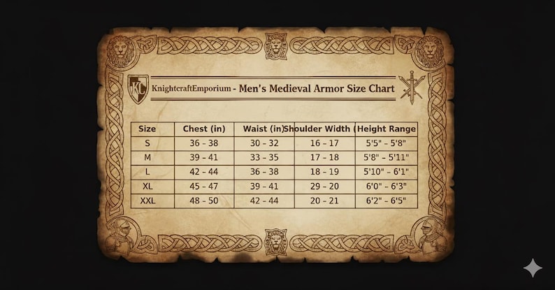 May include: A parchment-style chart from KnightcraftEmporium detailing men's medieval armor sizes. The chart includes chest, waist, shoulder width, and height ranges in inches. Sizes range from S to XXL.