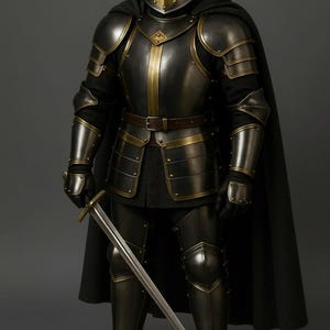 May include: A full suit of medieval armor in dark metal with gold accents. The helmet features a cross design. The armor includes a cape and a sword. The overall aesthetic is historical and detailed.
