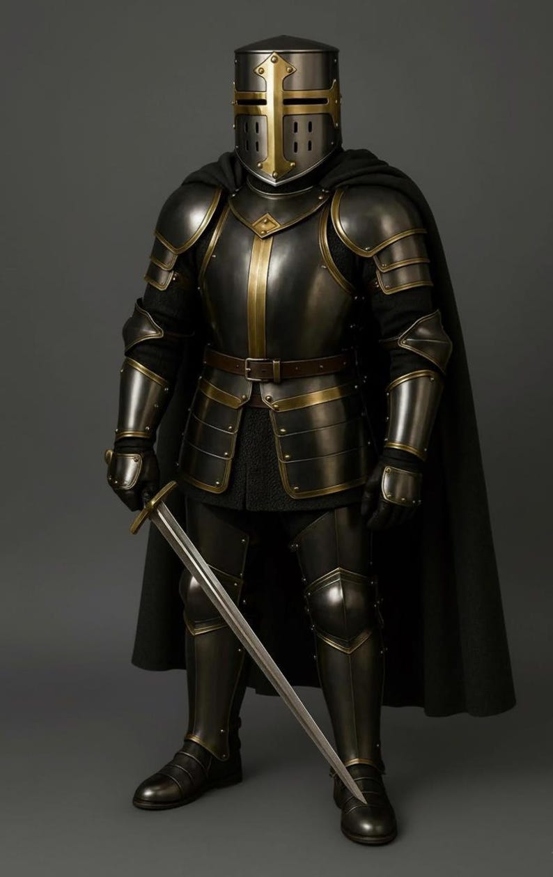 May include: A full suit of medieval armor in dark metal with gold accents. The helmet features a cross design. The armor includes a cape and a sword. The overall aesthetic is historical and detailed.
