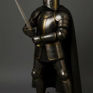 May include: A full suit of medieval armor in dark gray and gold, including a helmet with a cross design, shoulder guards, and leg armor. The knight holds a long sword with both hands, and wears a black cape.