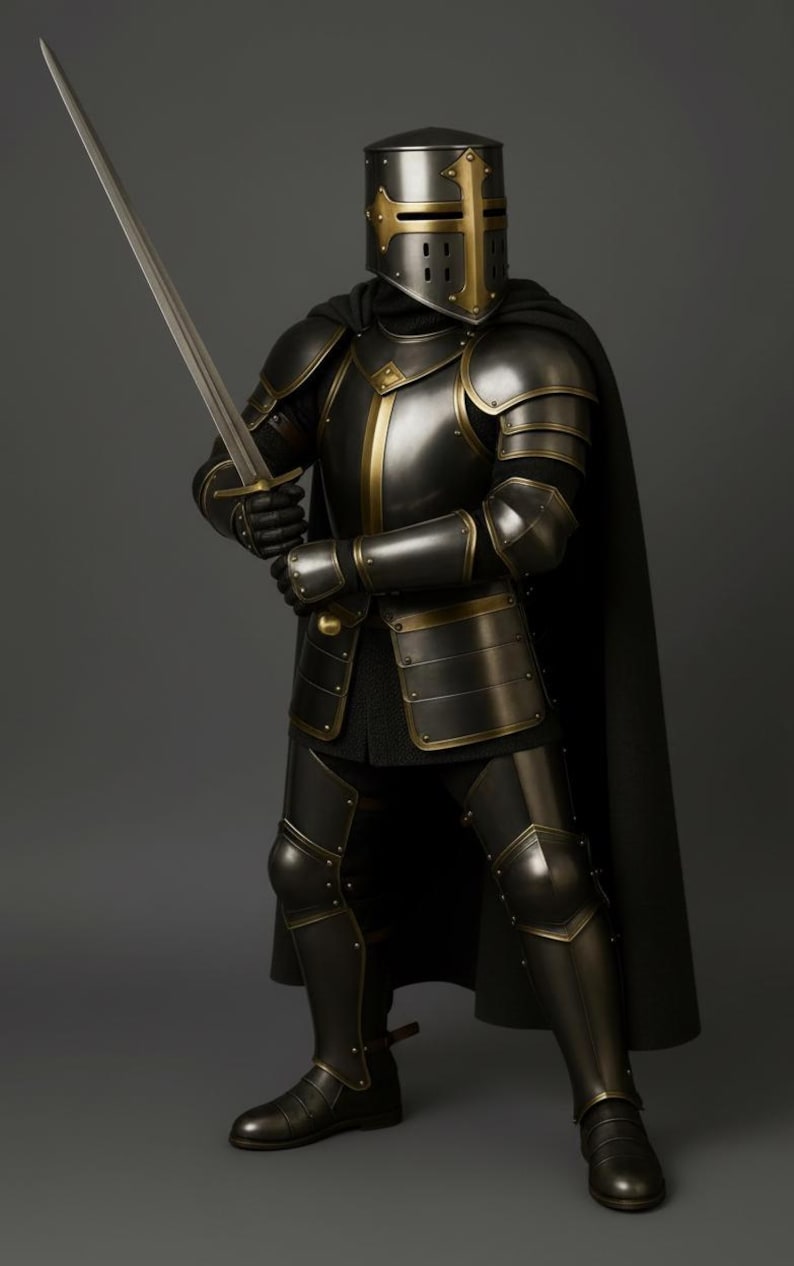 May include: A full suit of medieval armor in dark gray and gold, including a helmet with a cross design, shoulder guards, and leg armor. The knight holds a long sword with both hands, and wears a black cape.