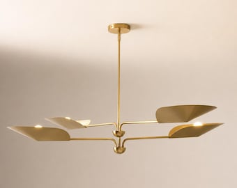 Modern Brass Leaf Chandelier, Mid Century Gold Pendant Lamp, Contemporary Dining Room Lighting