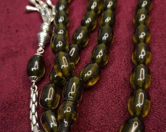 Olive Green Amber Rosary Beads Capsule Cut Tesbih Worry Beads Men Gift
