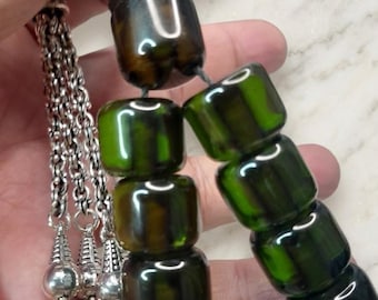 Dark Green Pressed Fire Amber Prayer Beads, Turkish Tesbih, Misbaha, Collectible Worry Beads