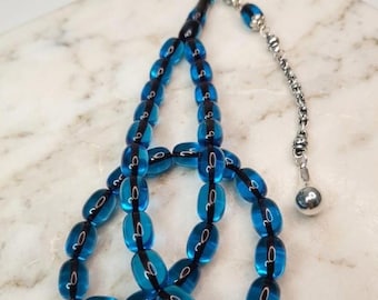 Blue Fire Amber Tasbih Misbaha Prayer Beads Handmade Rosary Gift for Him Islamic Tasbih
