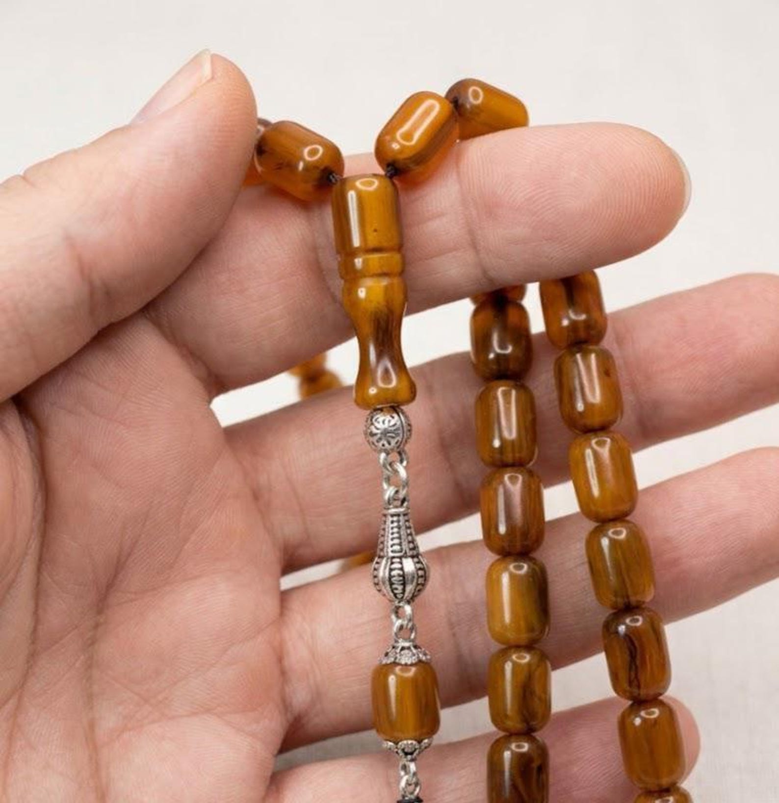 Handmade Pressed Amber Prayer Beads Capsule Cut Ottoman Style Dense Swirl Pattern Tasbih Gift