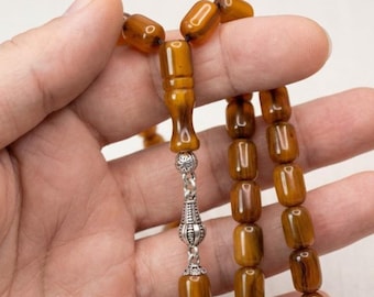 Handmade Pressed Amber Prayer Beads Capsule Cut Ottoman Style Dense Swirl Pattern Tasbih Gift