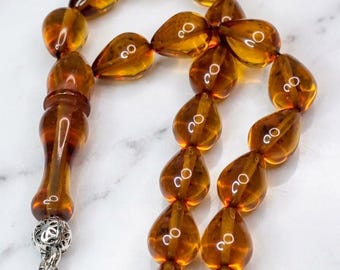 Unique Collectible Light Honey Fire Amber Prayer Beads Teardrop Cut Tasbih Special Patina