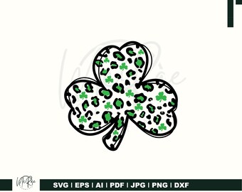 SVG de trevo de leopardo, PNG de trevo do Dia de São Patrício, estampa de onça com trevo da sorte para sublimação, design retrô para camiseta do Dia de São Patrício, DXF