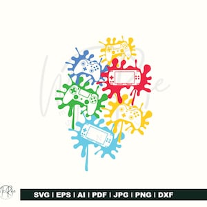 Puede incluir: Diseño gráfico con mandos de juego y consolas portátiles coloridos, sobre salpicaduras de pintura vibrantes en azul, verde, rojo y amarillo. El diseño incluye el texto "SVG | EPS | AI | PDF | JPG | PNG | DXF".