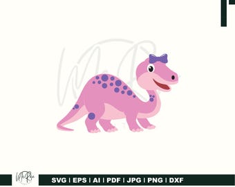 May include: A pink cartoon dinosaur with purple spots and a purple bow. The dinosaur has a smiling expression and is set against a white background. The bottom of the image contains the text "SVG | EPS | AI | PDF | JPG | PNG | DXF".