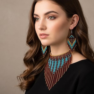 Turquoise Brown Beaded Fringe Necklace Set, Handmade Seed Bead Necklace, Tribal Statement Jewelry, Boho Choker with Earrings