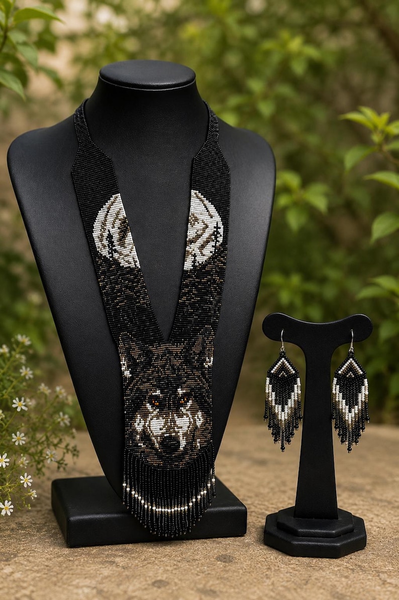 Handmade wolf seed bead necklace with matching black, white, and bronze fringe earrings displayed on a black jewelry bust with a natural woodland background.