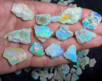 May include: A selection of raw opal stones, varying in shape and size. The opals exhibit a play of colour, with flashes of blue, green, and orange. The rough texture of the stones is visible, emphasising their natural state.
