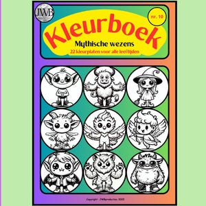 Op de afbeelding: Twee kleurboekontwerpen met de tekst "Kleurboek: Mythische wezens" en "Mythical creatures". Eén ontwerp toont negen cirkelvormige illustraties van mythische wezens. Het andere ontwerp toont 22 illustraties van mythische wezens.