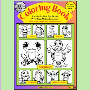 Op de afbeelding: Een digitale kleurboekbundel met de thema's Insecten, Reptielen & Amfibieën, Prehistorie en Mythologische Wezens. De omslag toont cartoon illustraties van verschillende wezens. Bevat 66 digitale kleurplaten voor alle leeftijden, gemakkelijk af te drukken op A4-papier.
