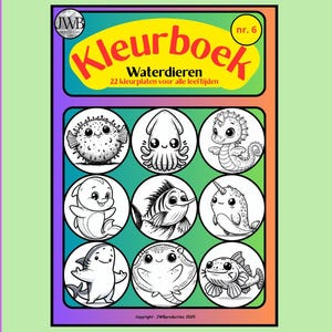 Könnte beinhalten: Zwei Malbücher mit dem Titel "Kleurboek: Waterdieren" und dem Text "Direct PDF-download". Die Cover zeigen Cartoon-Meereskreaturen, darunter einen Kugelfisch, einen Tintenfisch und ein Seepferdchen. Der Text lautet auch "22 kleurplaten voor alle leeftijden".
