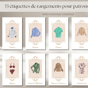Puede incluir: Etiquetas digitales imprimibles para guardar patrones de costura. Las etiquetas presentan ilustraciones de varias prendas, incluyendo camisas, chaquetas y lencería, cada una dentro de un marco ornamentado. El texto en la parte superior dice "33 étiquettes de rangements pour patrons de couture" y "fichier numérique à imprimer".