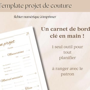 Puede incluir: Una plantilla imprimible de proyecto de costura con el texto "Template projet de couture". La plantilla incluye secciones para detalles del proyecto, medidas y materiales, con un boceto de un maniquí.