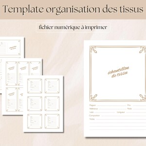 Puede incluir: Plantillas imprimibles para la organización de telas. Las plantillas son blancas con bordes y texto dorados. El texto incluye "Template organisation des tissus" y "fichier numérique à imprimer". Las plantillas son para muestras de tela.