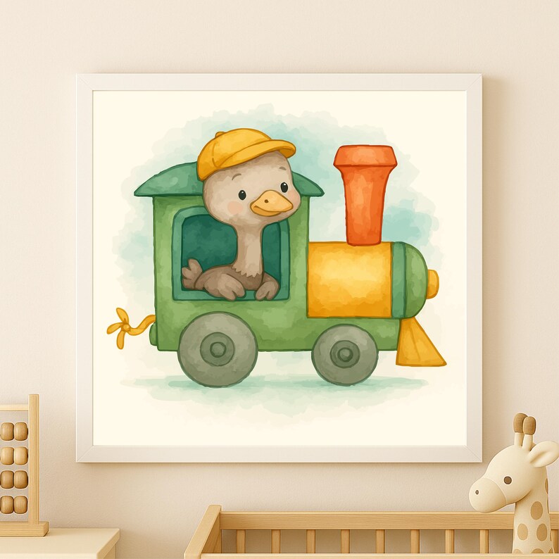 May include: Watercolor illustration of a cute duck wearing a yellow cap, riding a green and yellow train. The artwork is framed in a white square, perfect for a nursery or children's room. The duck is light brown and the train has an orange smokestack.