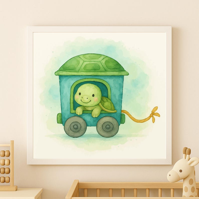 May include: Watercolor illustration of a smiling turtle in a blue and green train car. The train has two gray wheels and a yellow rope. The artwork is framed in a white square frame, perfect for a nursery or child's room.