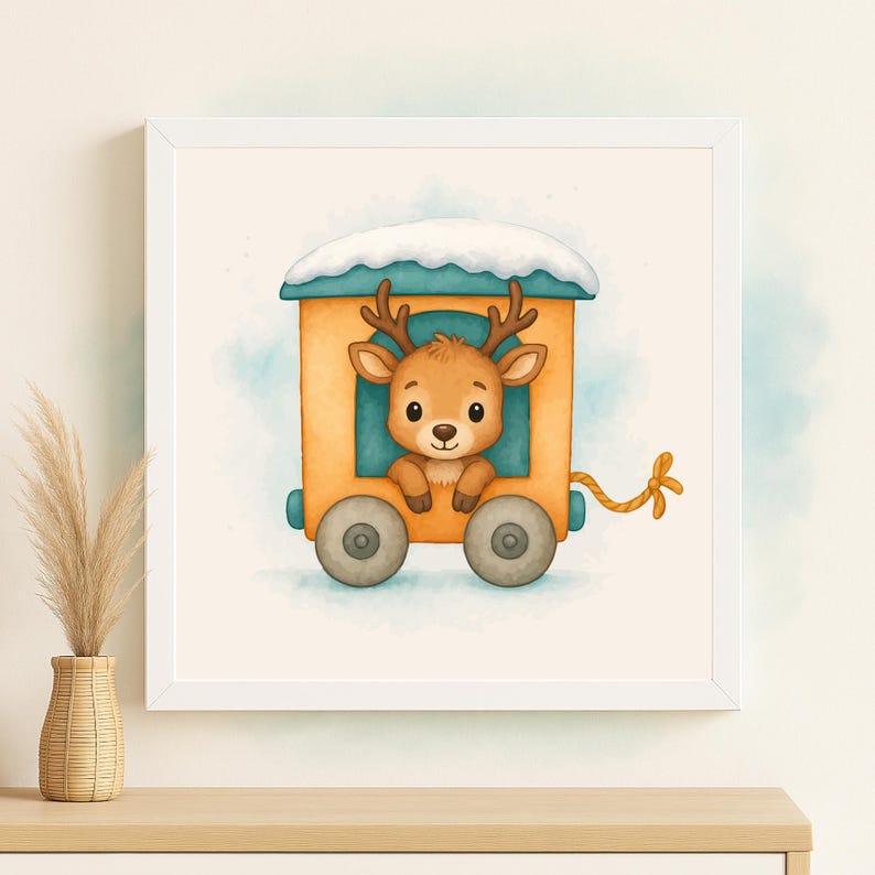 K&ouml;nnte beinhalten: Aquarellillustration eines niedlichen Rehs in einem gelb-blauen Zugwagen mit Schnee auf dem Dach. Das Reh mit braunem Geweih schaut aus dem Fenster. Das Bild ist in einem wei&szlig;en quadratischen Rahmen gerahmt.