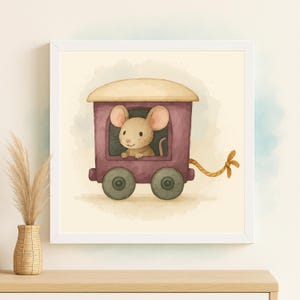 May include: Watercolor illustration of a cute mouse riding in a maroon train car. The train has two green wheels and a tan roof. A rope is attached to the back of the train. The artwork is framed in a white square frame.