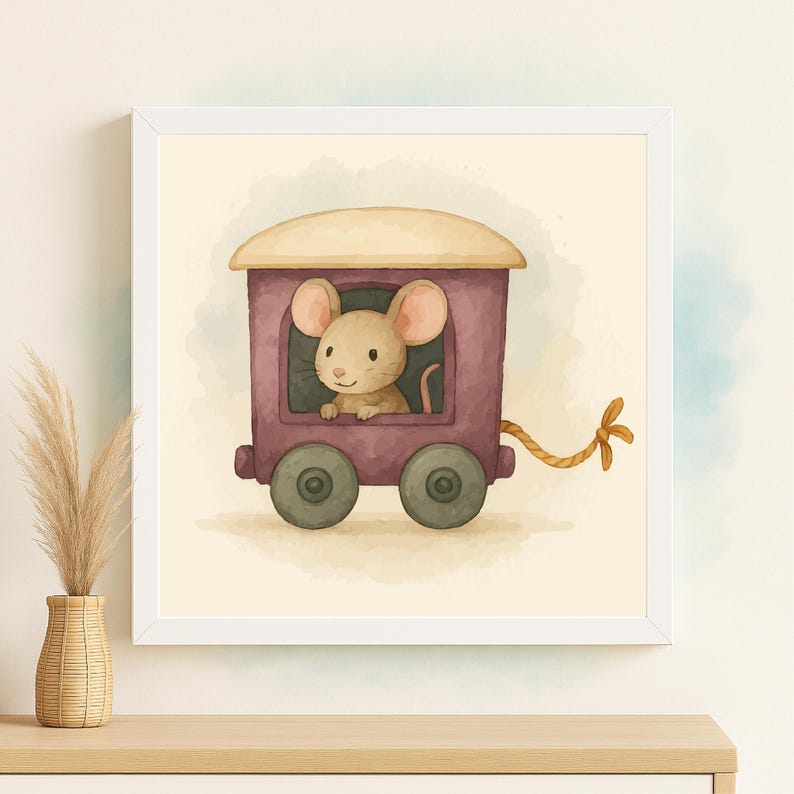May include: Watercolor illustration of a cute mouse riding in a maroon train car. The train has two green wheels and a tan roof. A rope is attached to the back of the train. The artwork is framed in a white square frame.