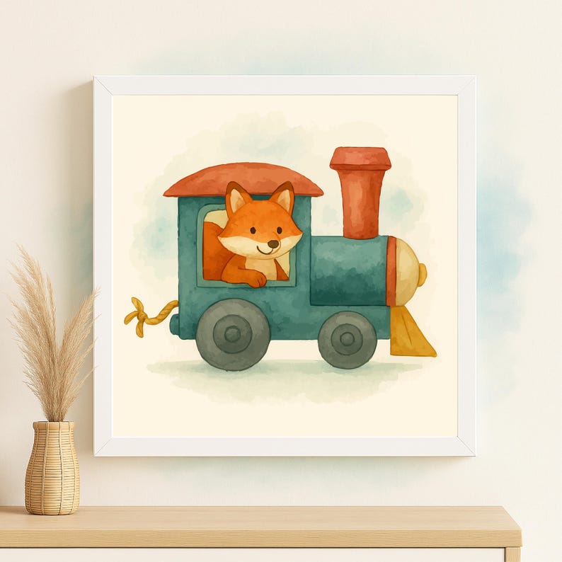 May include: Watercolor illustration of a friendly fox in a teal train. The train has a red roof and smokestack, with yellow and tan accents. The artwork is framed in a white square frame, perfect for a child's room or nursery.
