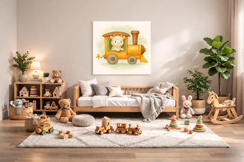 Goat Nursery Wall Art Printable – Farm Baby Room Decor, Watercolor Animal Train Print, Digital Download image 1