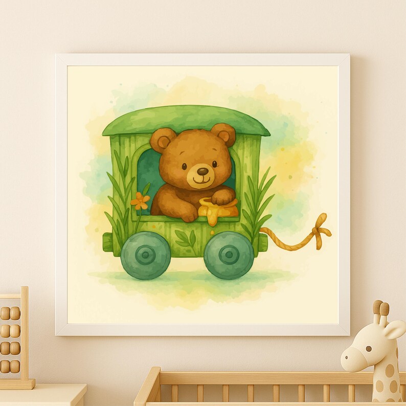 May include: Watercolor illustration of a brown teddy bear riding in a green train car. The train car has blue wheels and is decorated with green foliage and a small orange flower. The background is a soft watercolor wash of yellow and green.