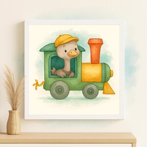 May include: Watercolor illustration of a cute ostrich wearing a yellow cap, driving a green, yellow, and orange train. The artwork is framed in a white square frame, perfect for a child's room or nursery.