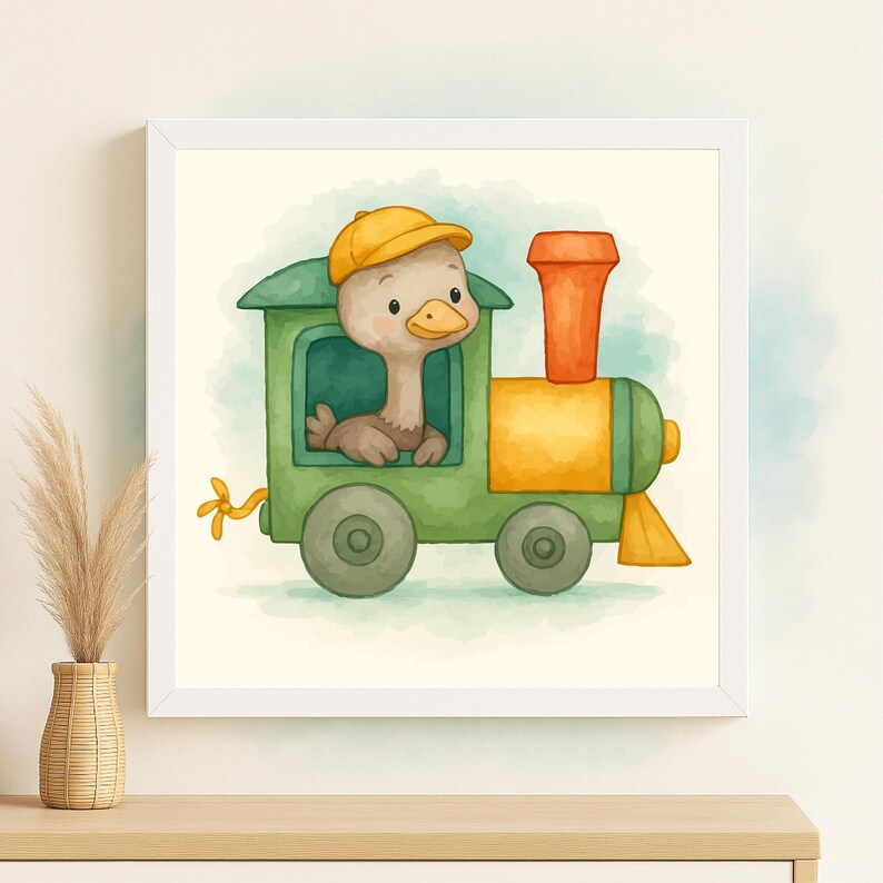 May include: Watercolor illustration of a cute ostrich wearing a yellow cap, driving a green, yellow, and orange train. The artwork is framed in a white square frame, perfect for a child's room or nursery.