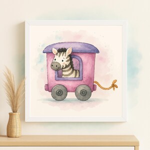 May include: Watercolor illustration of a zebra in a pink train car with a purple roof. The zebra has black and white stripes and is looking out the window. The train has two gray wheels and a rope attached. The background is a soft watercolor wash.