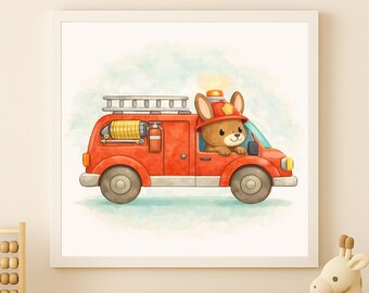 Watercolor Rabbit Fire Truck Wall Art Printable – Kids Room Decor (Digital Download)