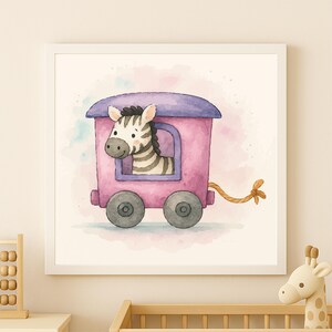 May include: Watercolor illustration of a zebra in a pink train car with a purple roof. The artwork is framed in a white square frame. The background has soft watercolor washes of pink and blue.